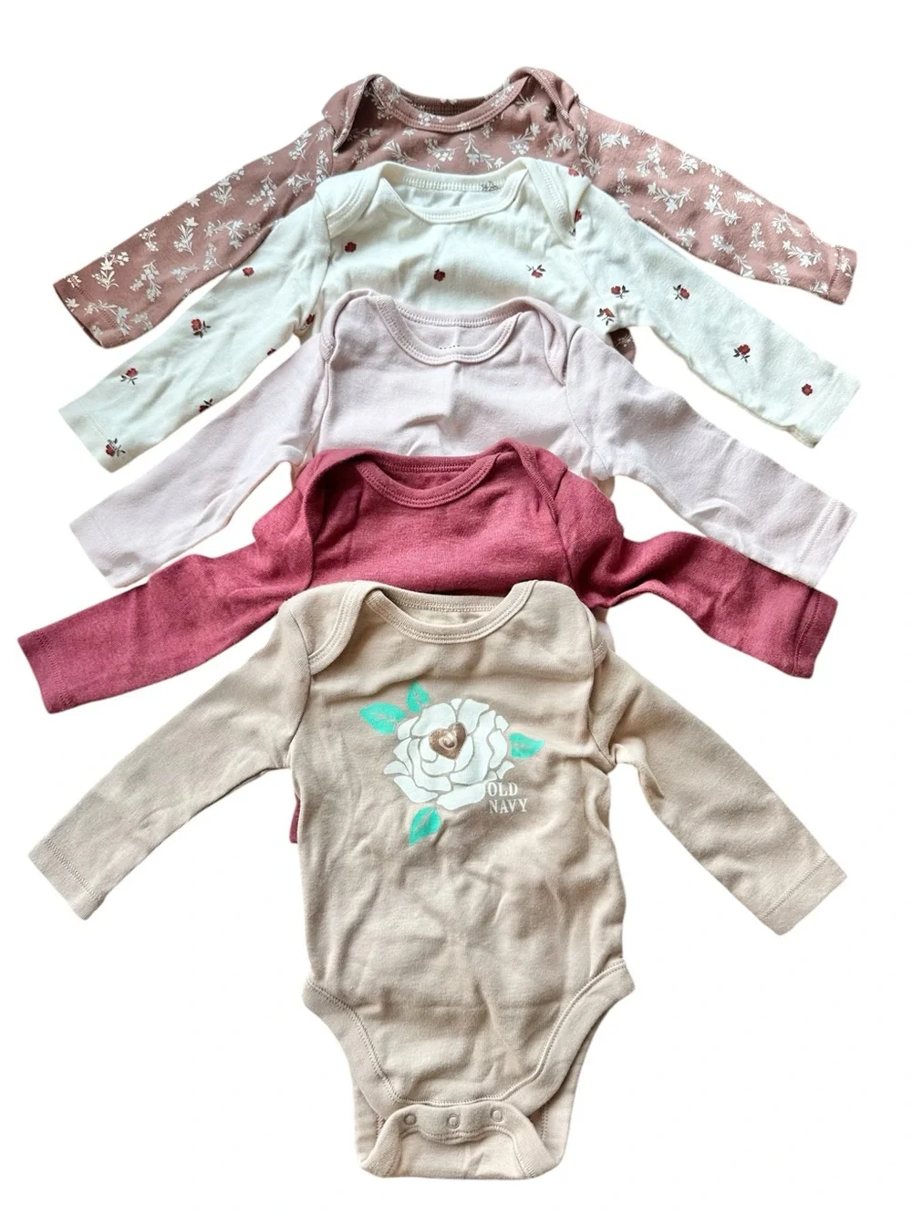 Old Navy long sleeve onesie bodysuit lot size 0-3 month red, pink, floral, brown